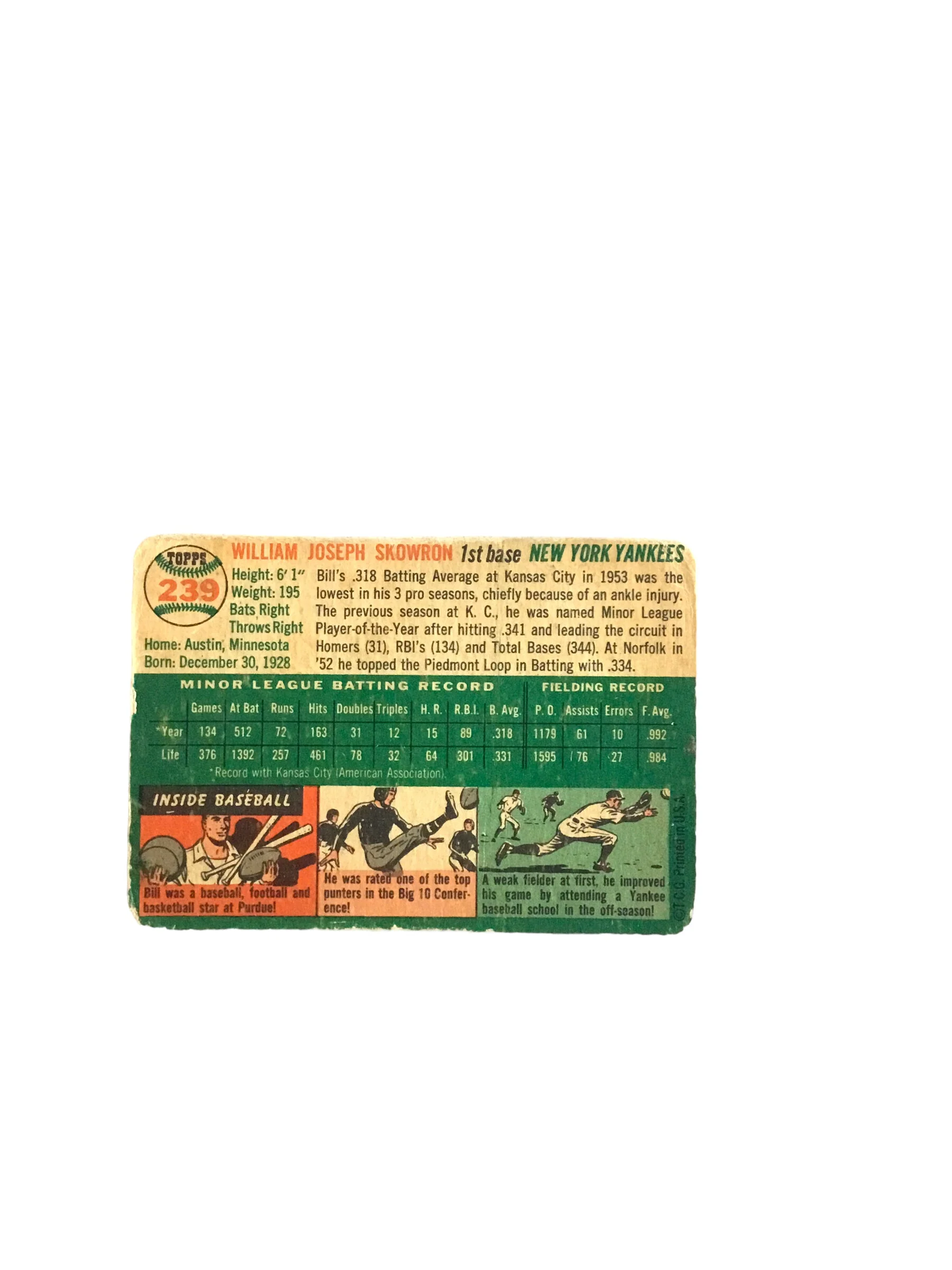 1954 Topps #239 Bill Skowron RC Baseball Card - Image 2