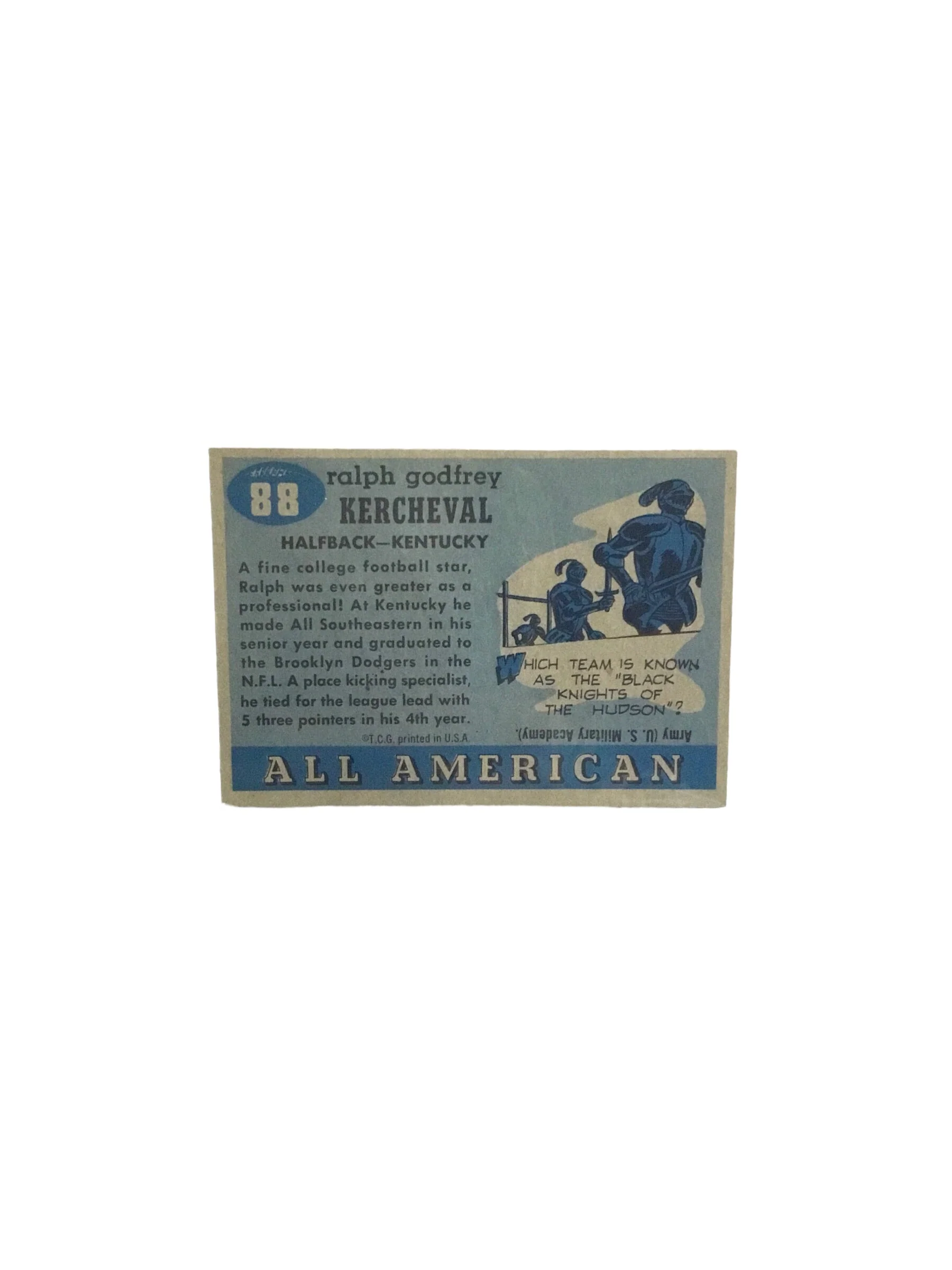 1955 Topps All American Football Card Ralph Kercheval #88 Rookie RC - Image 2