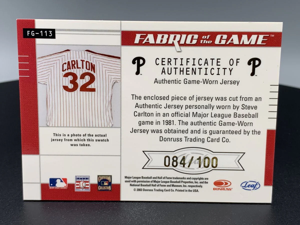 2003 Leaf Certified Steve Carlton Fabric of the Game Phillies 84/100 #FG113 - Image 2