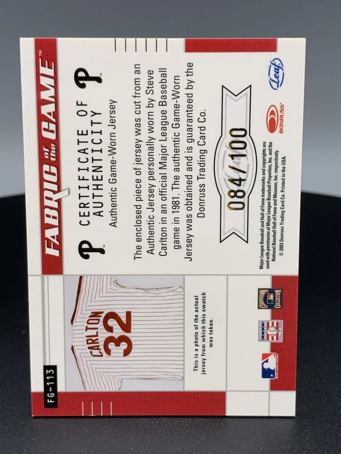 2003 Leaf Certified Steve Carlton Fabric of the Game Phillies 84/100 #FG113 - Image 5