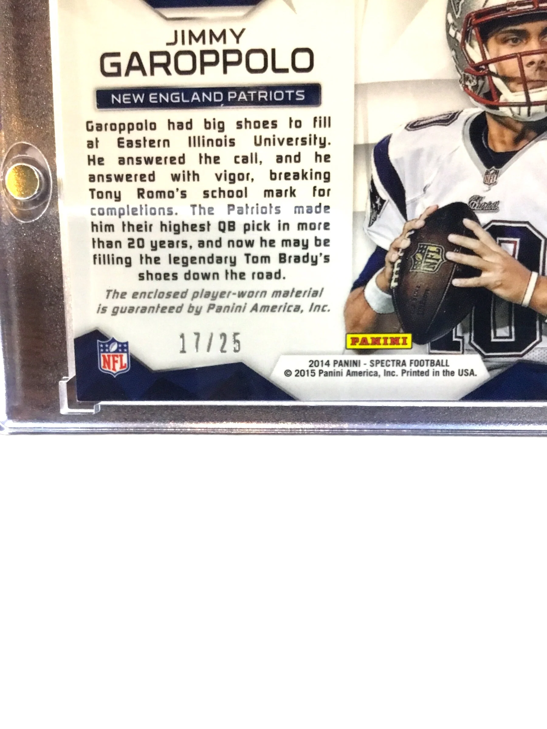 2014 Panini Spectra Jumbo Jerseys Gold Prizm 17/25 Jimmy Garoppolo Rookie RC - Image 3
