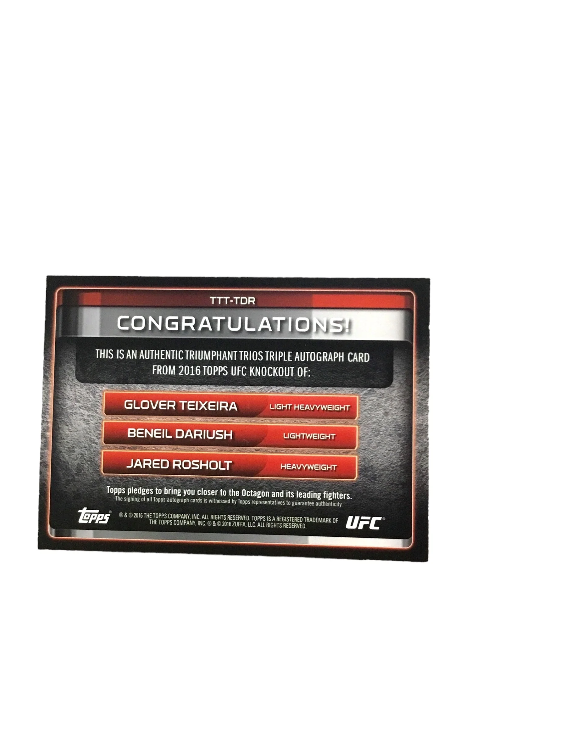 2016 Topps UFC Knockout Triumphant Trios Triple Autographs #TTTTDR Beneil Darius - Image 3