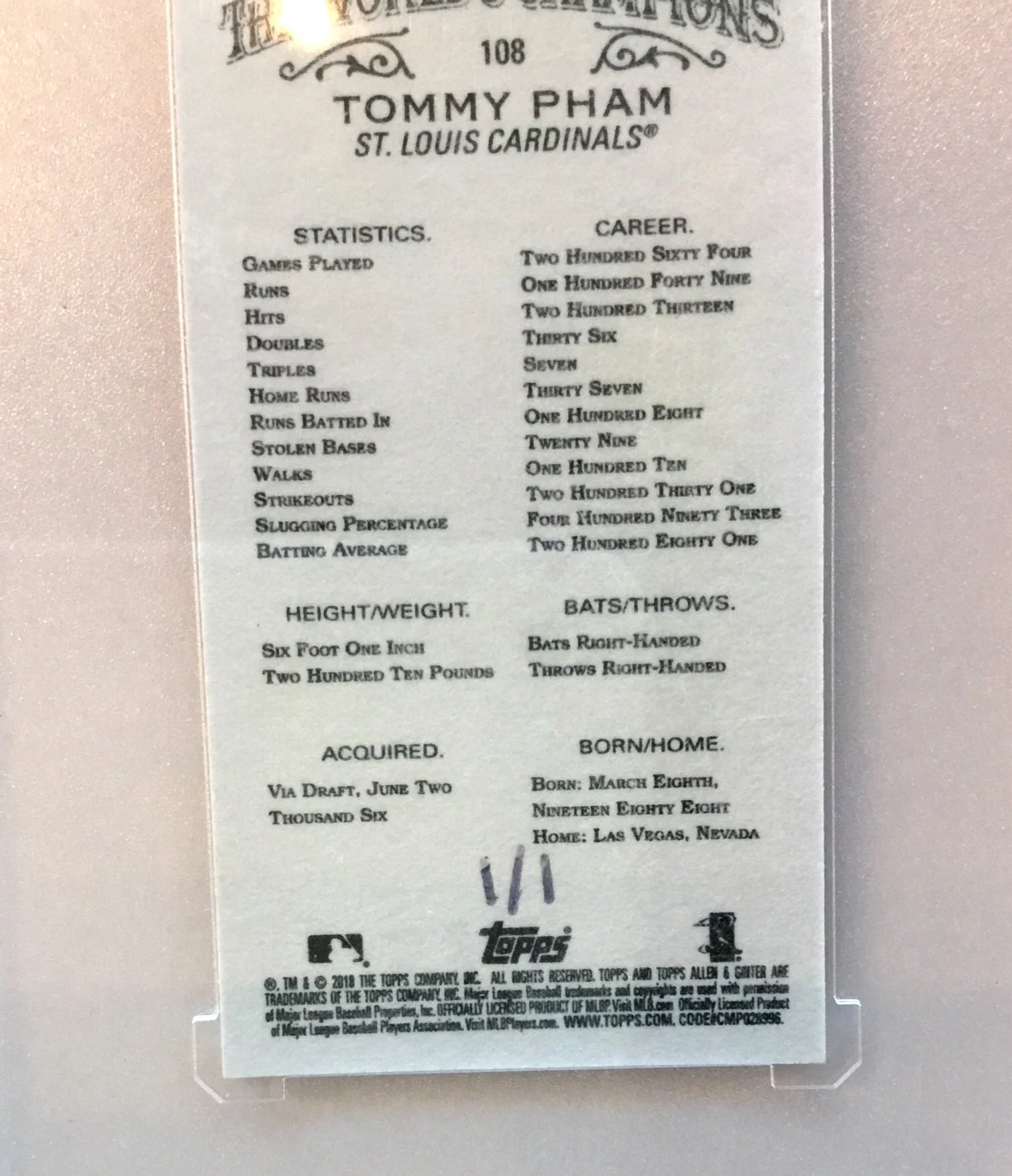 2018 Topps Allen and Ginter X Mini Silver #108 Tommy Pham #1/1 - Image 3