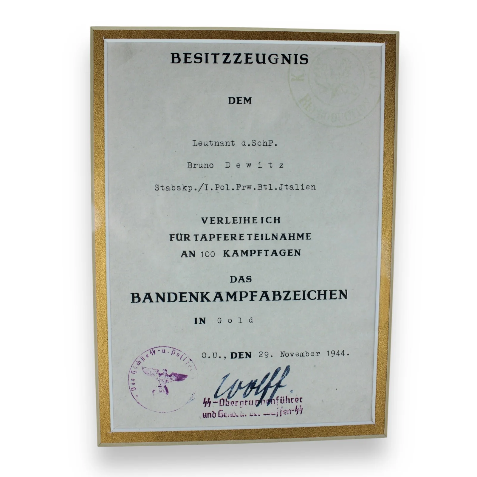Bandit Warfare Badge Gold w/ Award Certificate Professionally Framed - Image 2