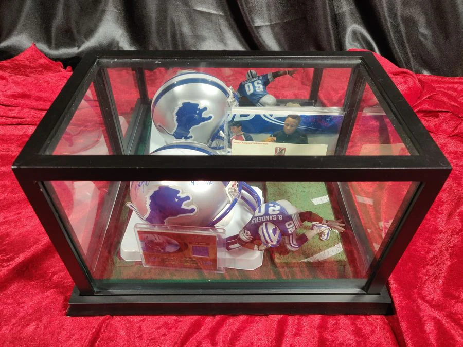 Barry Sanders Lions Autographed Mini Helmet Shadowbox w/ Jersey Card and Figure - Image 2
