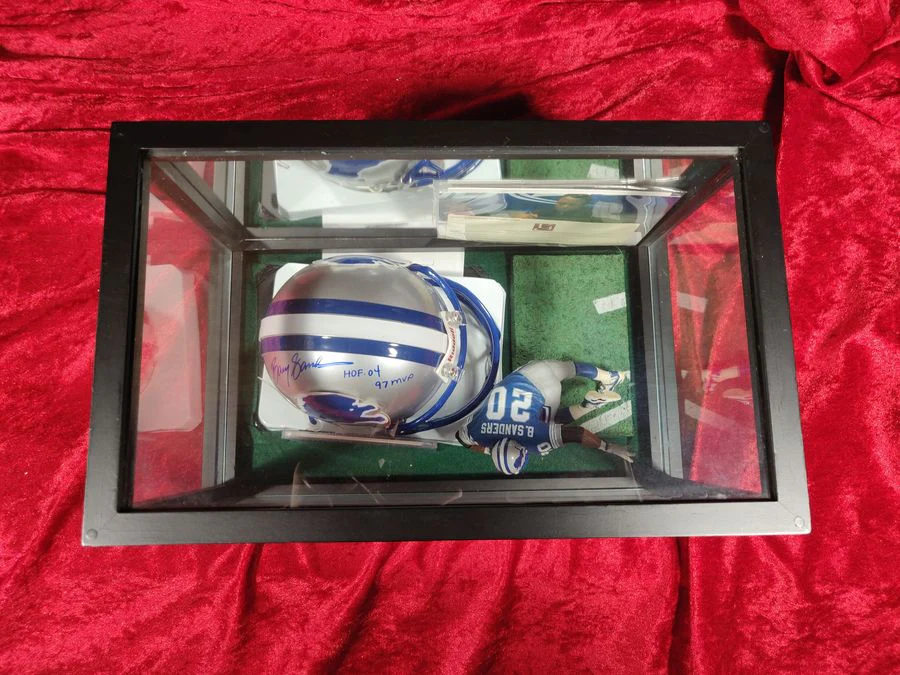 Barry Sanders Lions Autographed Mini Helmet Shadowbox w/ Jersey Card and Figure - Image 3