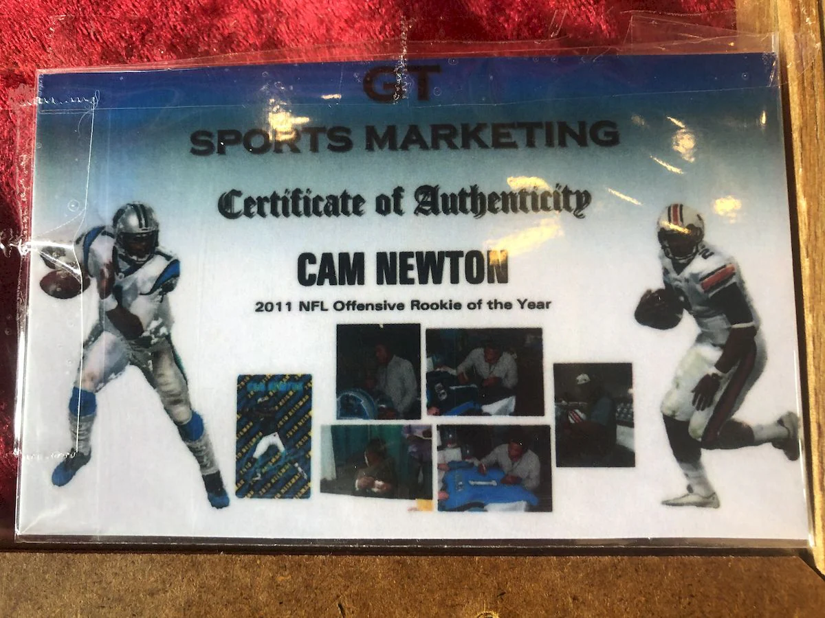 Cam Newton Panthers Signed Football w/ Figure & Jersey Card – GTSM COA Shadowbox - Image 3