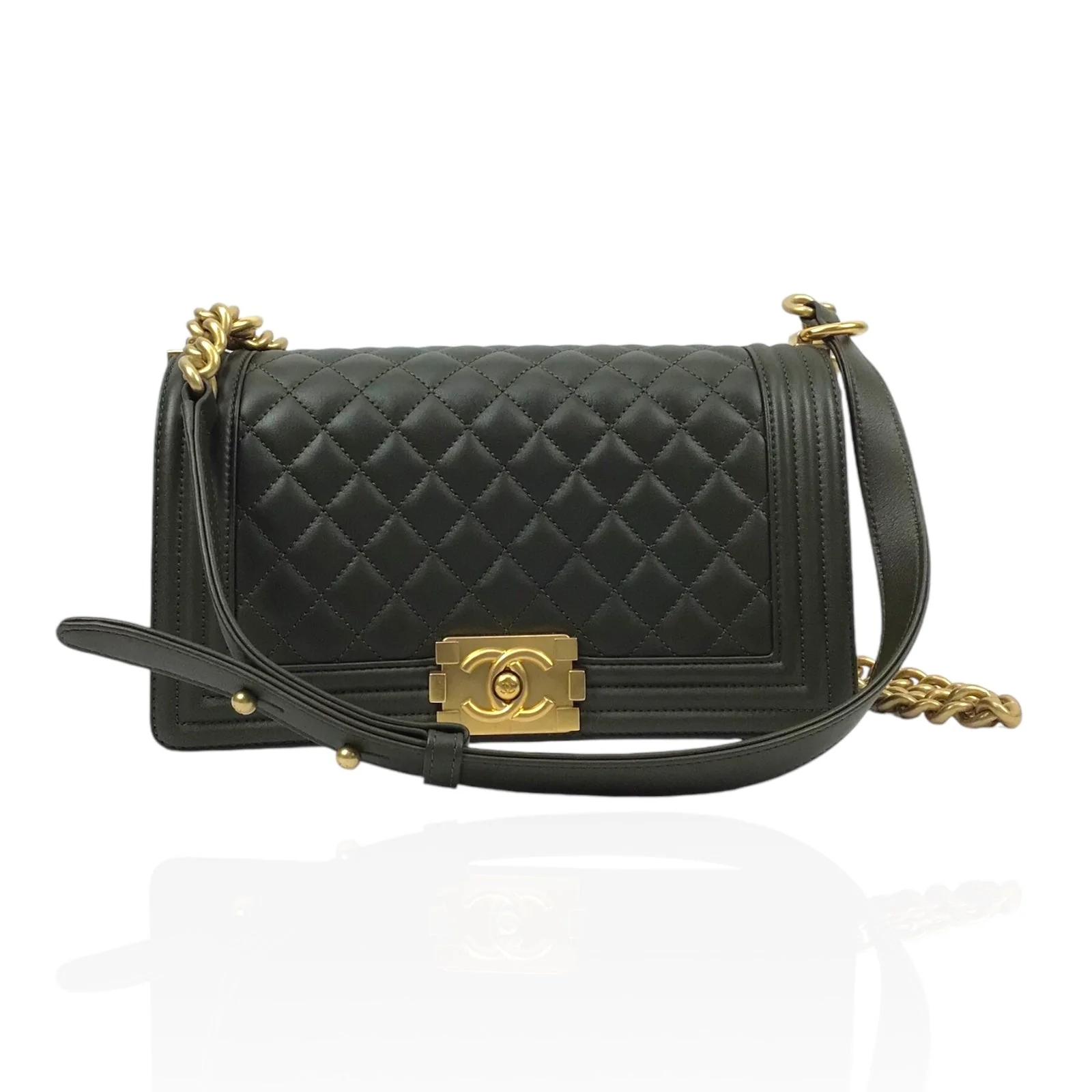 Chanel Medium Boy Bag in Khaki Quilted Lambskin - Image 13
