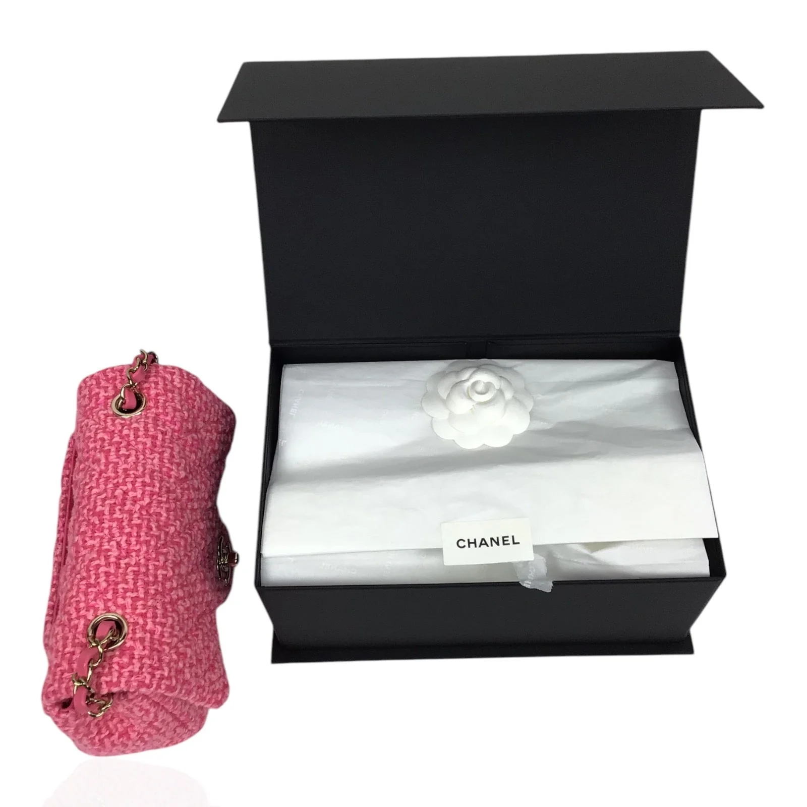 Chanel Mini Flap Bag Pink Tweed Gold Chain 2022 w/ Box & Dust Bag - Image 13