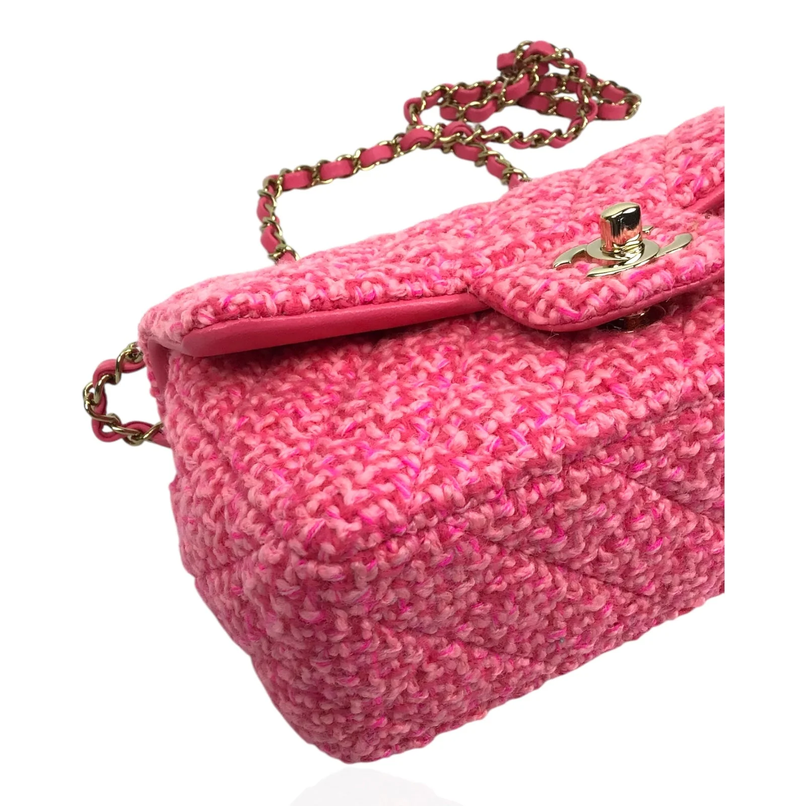 Chanel Mini Flap Bag Pink Tweed Gold Chain 2022 w/ Box & Dust Bag - Image 6