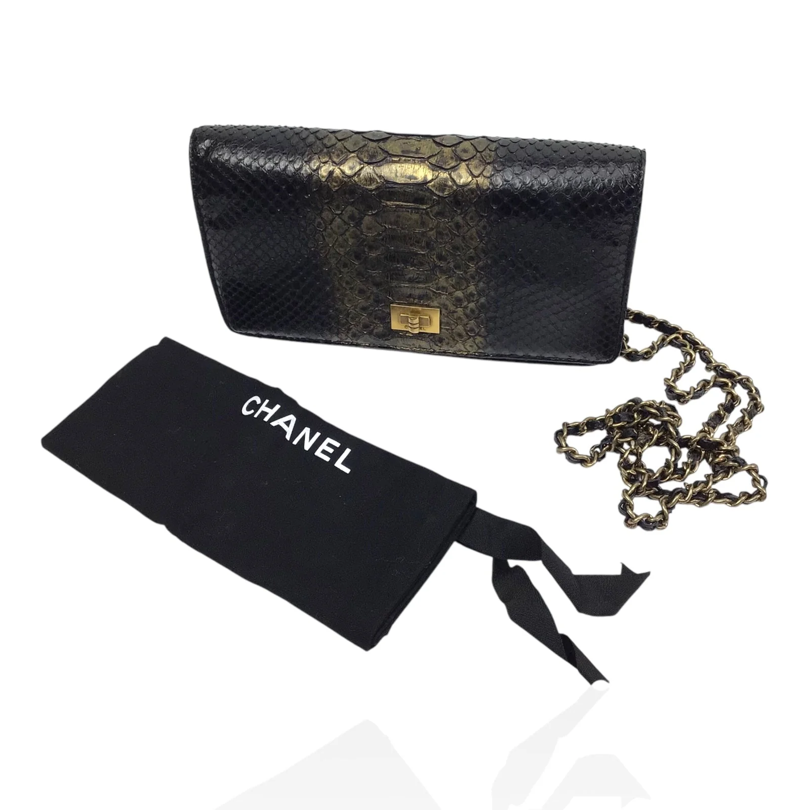 CHANEL Python Wallet On Chain WOC Black and Gold Evening Bag Purse - Image 2