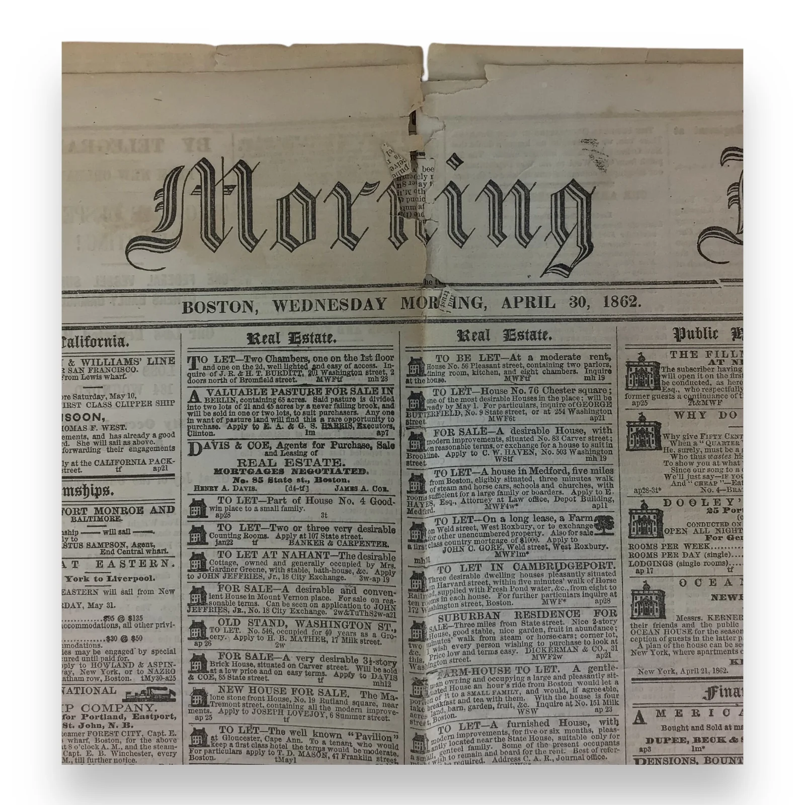 Civil War Newspaper Boston Morning Journal Apr 30 1862 Gettysburg Provenance - Image 3