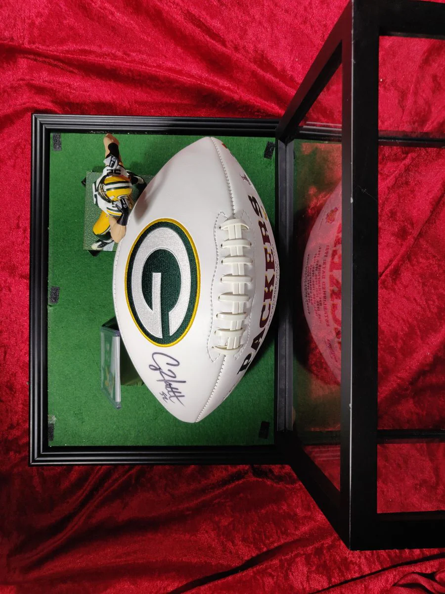 Clay Matthews Green Bay Autographed Football Shadowbox with Card and Figure - Image 10