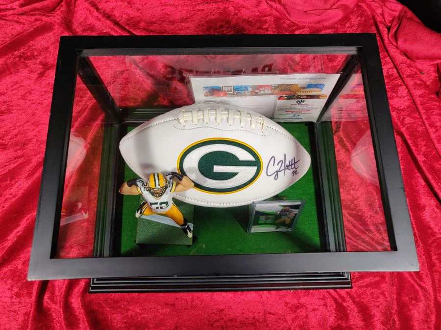Clay Matthews Green Bay Autographed Football Shadowbox with Card and Figure - Image 3