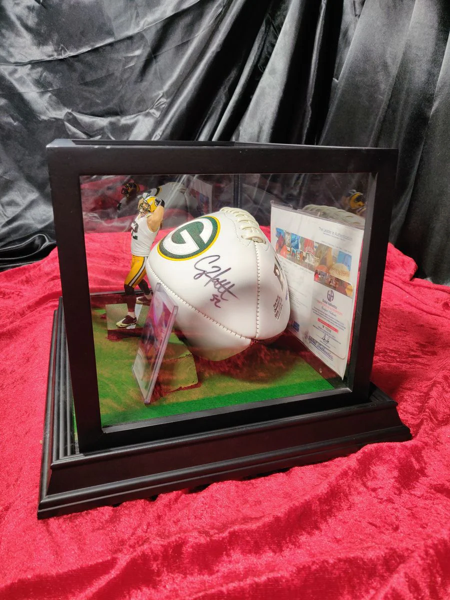 Clay Matthews Green Bay Autographed Football Shadowbox with Card and Figure - Image 4