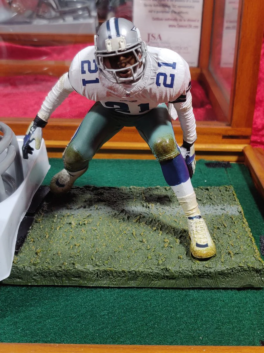 Deion Sanders Cowboys Autographed Mini Helmet Shadowbox w/ Jersey Card + Figure - Image 5