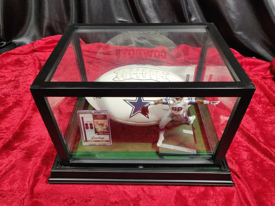 Michael Irvin Dallas Cowboys Autographed Football Shadowbox with Card and Figure - Image 2