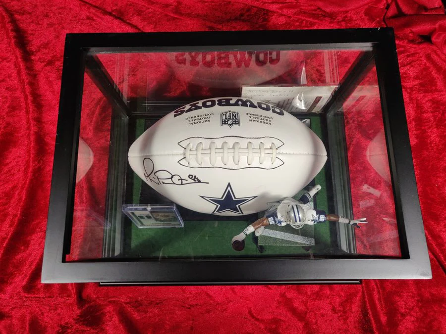 Michael Irvin Dallas Cowboys Autographed Football Shadowbox with Card and Figure - Image 3