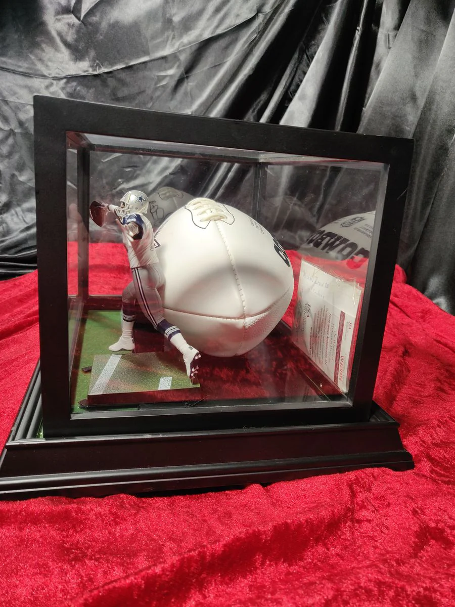 Michael Irvin Dallas Cowboys Autographed Football Shadowbox with Card and Figure - Image 4