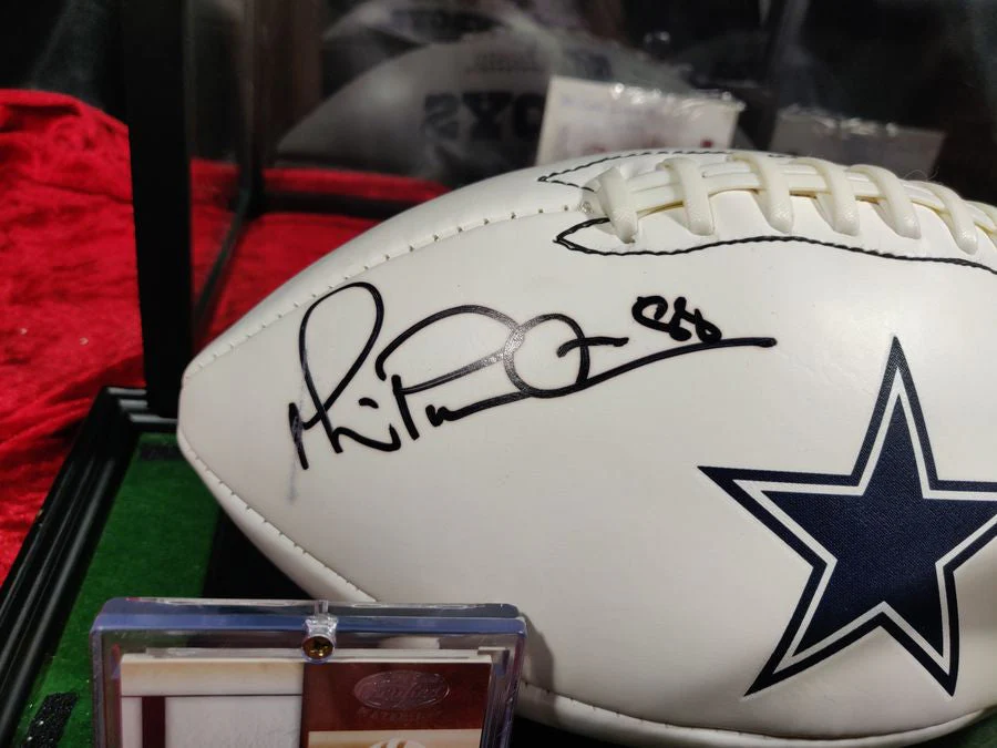 Michael Irvin Dallas Cowboys Autographed Football Shadowbox with Card and Figure - Image 9