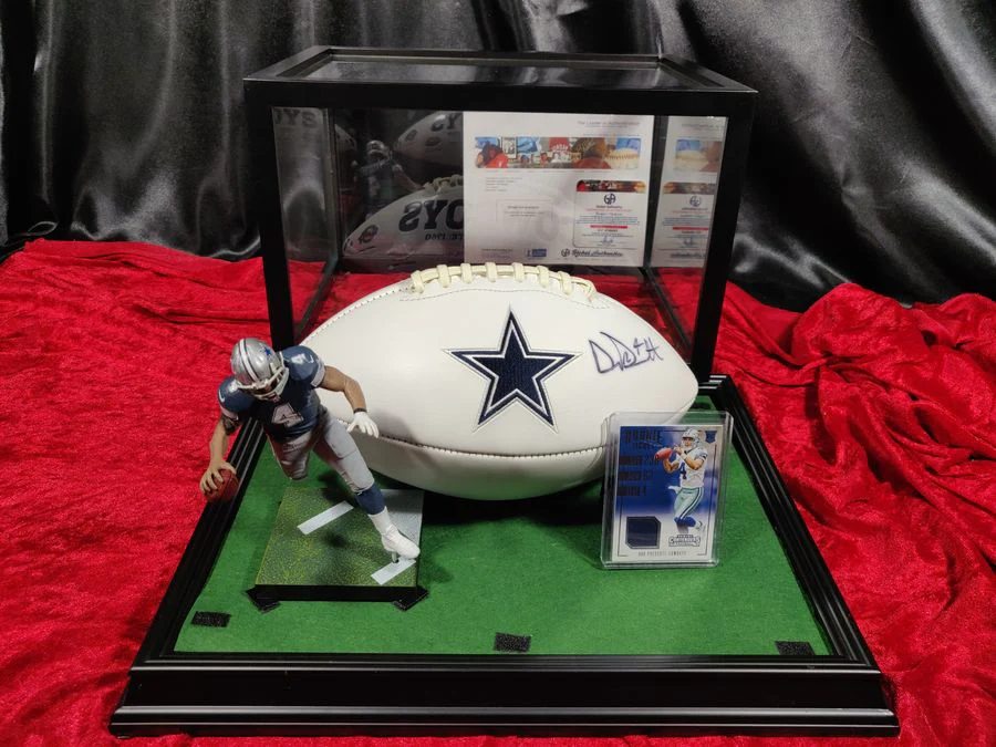 Dak Prescott Cowboys Autographed Football Shadowbox with Jersey Card & Figure - Image 2