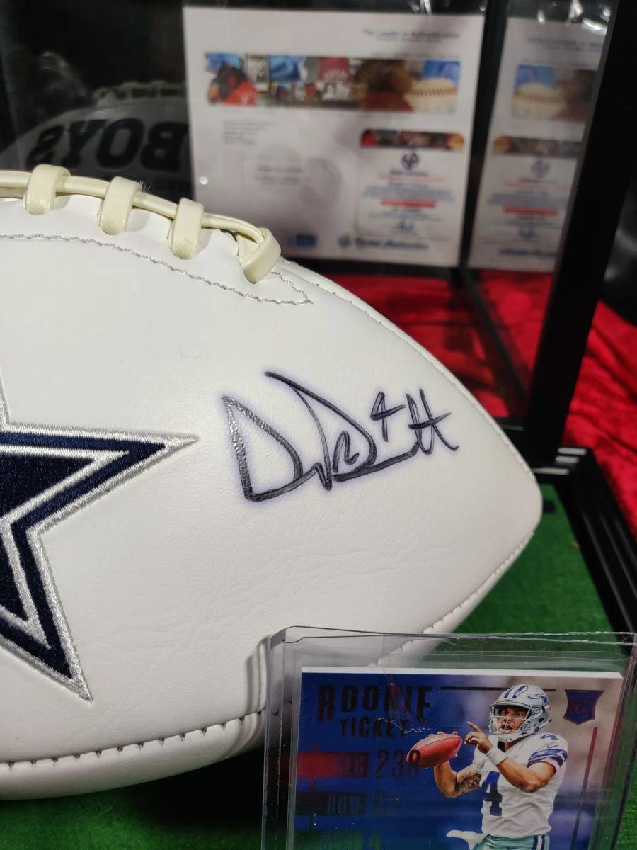 Dak Prescott Cowboys Autographed Football Shadowbox with Jersey Card & Figure - Image 4