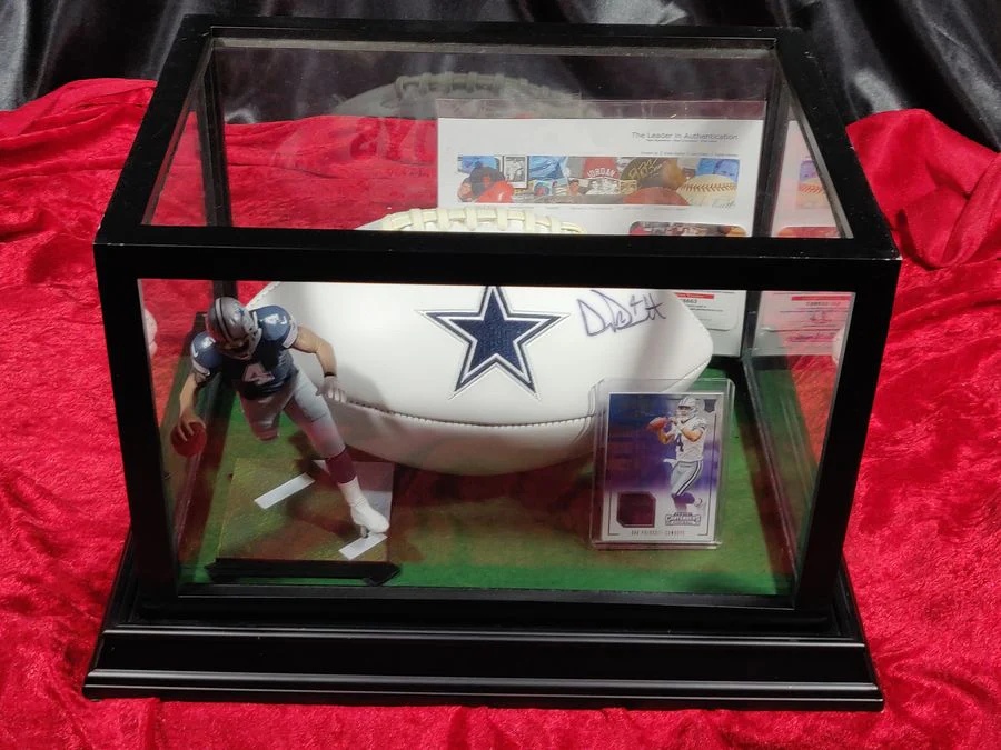 Dak Prescott Cowboys Autographed Football Shadowbox with Jersey Card & Figure - Image 7