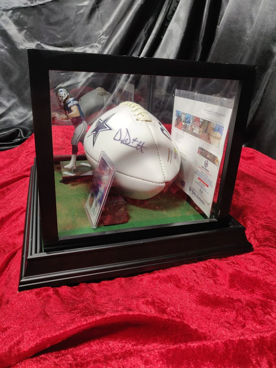 Dak Prescott Cowboys Autographed Football Shadowbox with Jersey Card & Figure - Image 9
