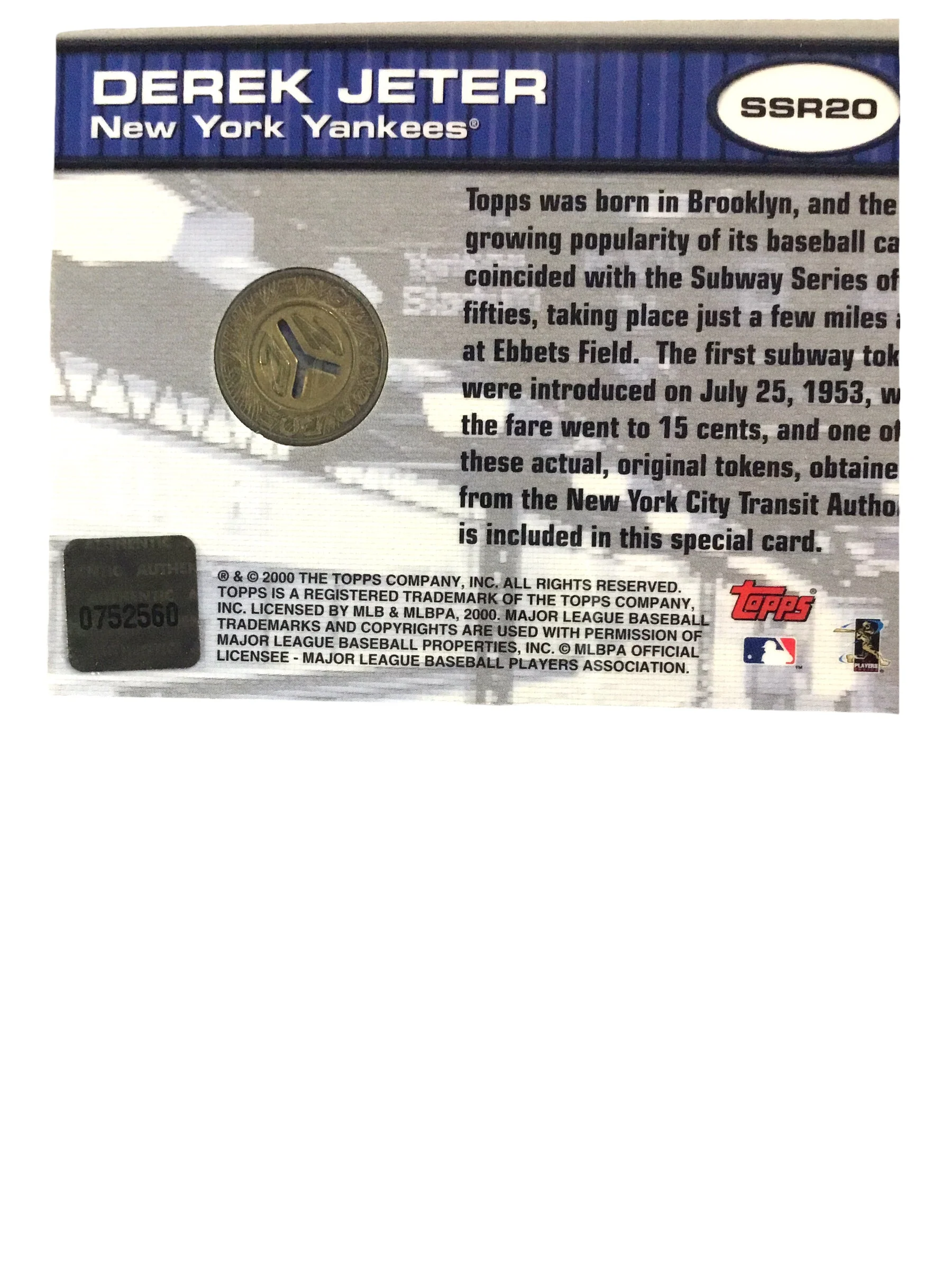 DEREK JETER 2000 Topps Subway Series FanFare token card & complete base set!!!! - Image 3