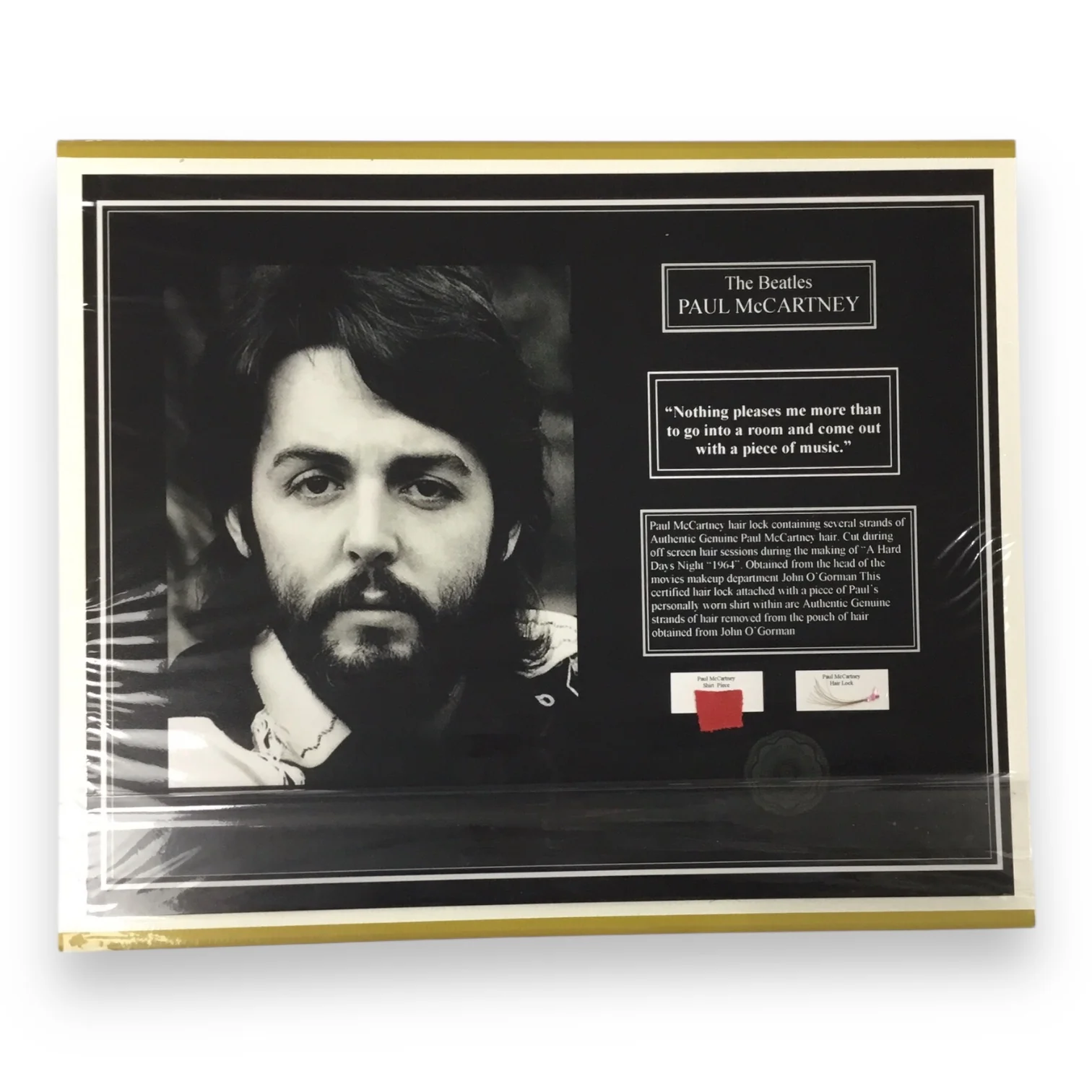 Paul McCartney Display Hair Lock & Shirt Piece with Certificate of Authenticity