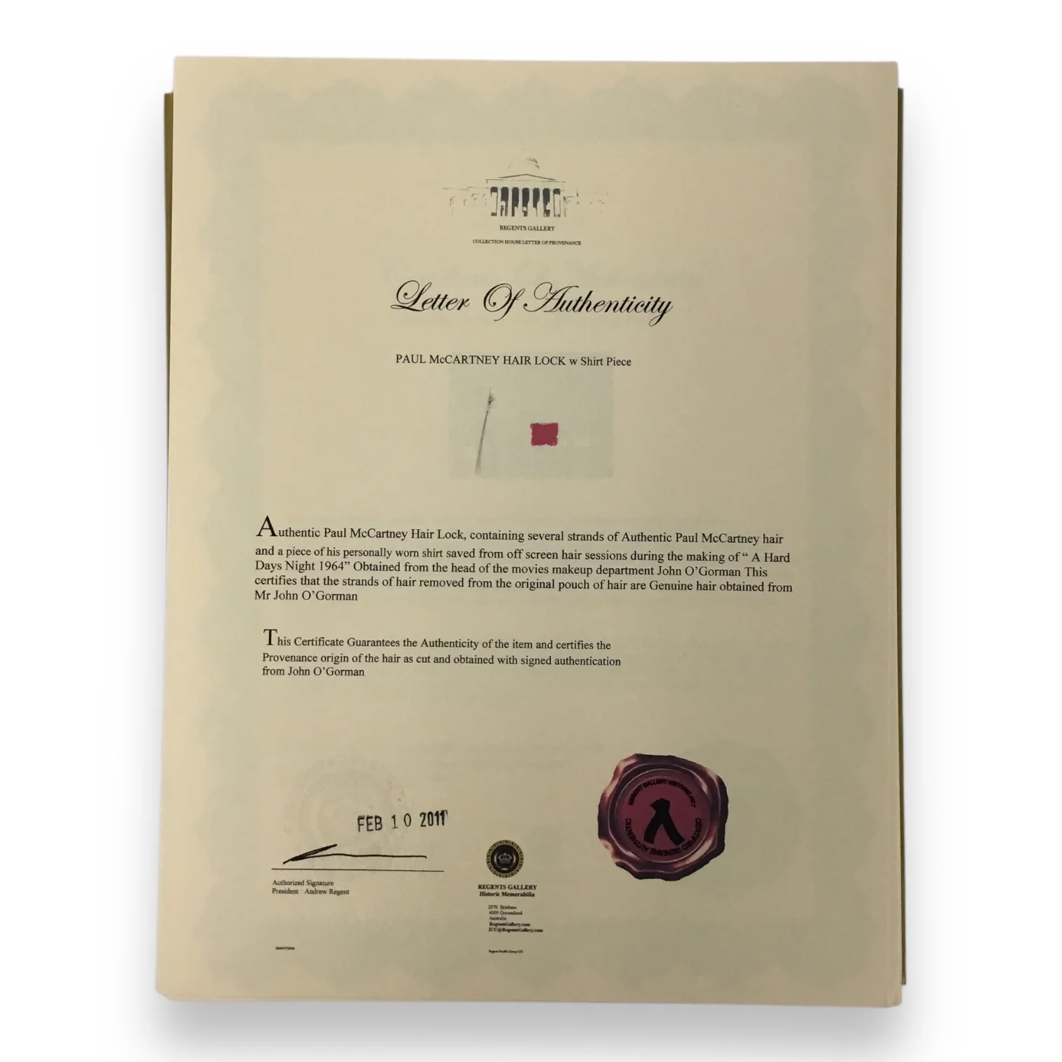 Paul McCartney Display Hair Lock & Shirt Piece with Certificate of Authenticity - Image 5