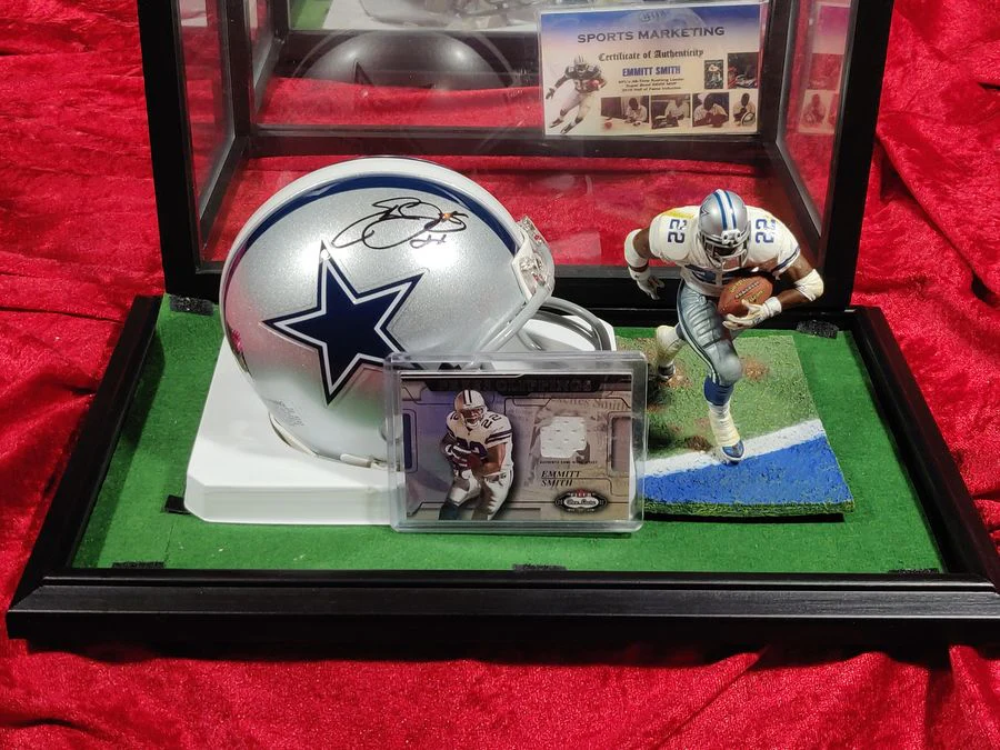 Emmitt Smith Cowboys Autographed Mini Helmet Shadowbox w/ Jersey Card and Figure - Image 6