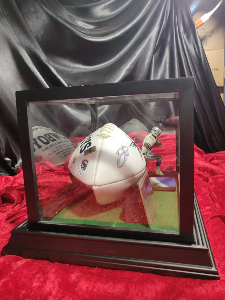 Emmitt Smith Dallas Cowboys Autographed Football Shadowbox with Card and Figure - Image 10