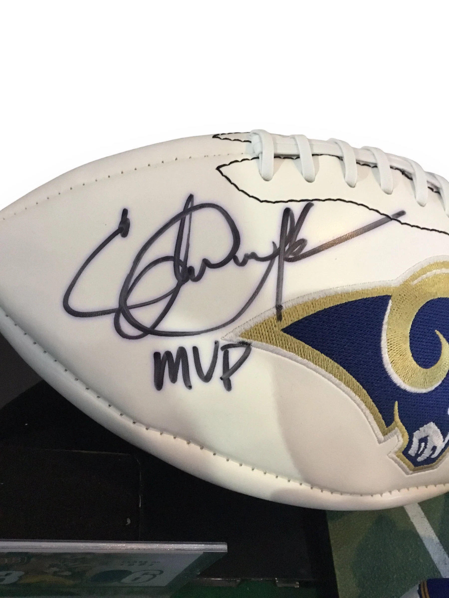 Eric Dickerson Autographed Football Shadowbox with Jersey Card and Figure - Image 5