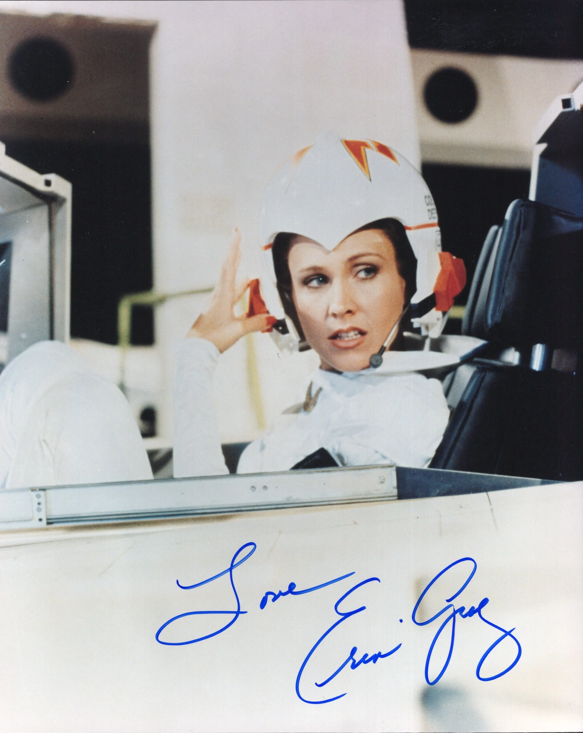 Erin Gray Signed Photo 8x10 Personalized "Love", Erin Gray Autograph as Colonel Wilma Deering in Buck Rogers in the 25th Century in Fighter Craft, PSA Letter Certified Authentic