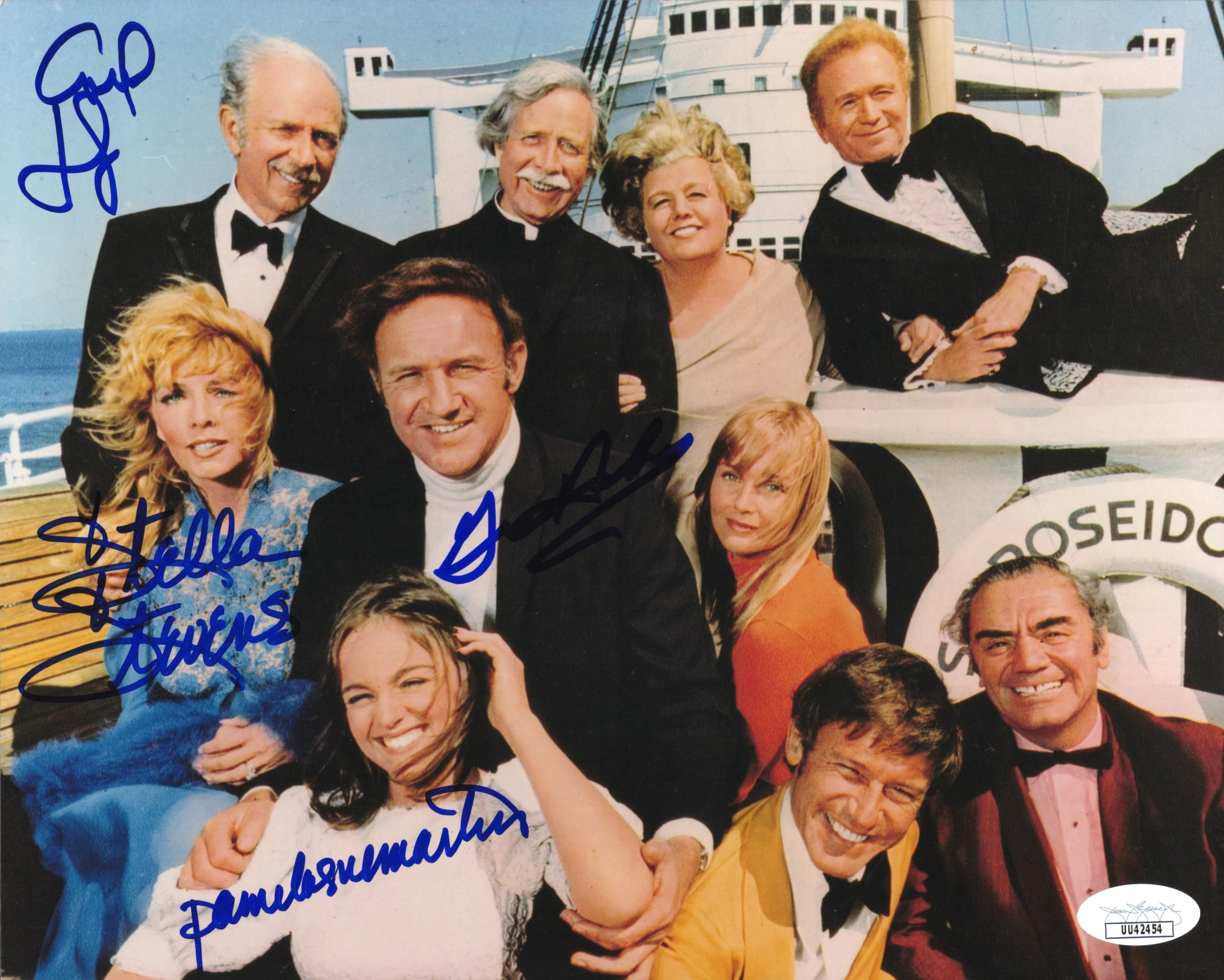 Gene Hackman, Stella Stevens, Pamela Sue Martin, Carol Lynley from The Poseidon Adventure Signed Photo 8x10, Entire Cast on Ship, JSA and PSA Letter Double Certified Authentic UU42454