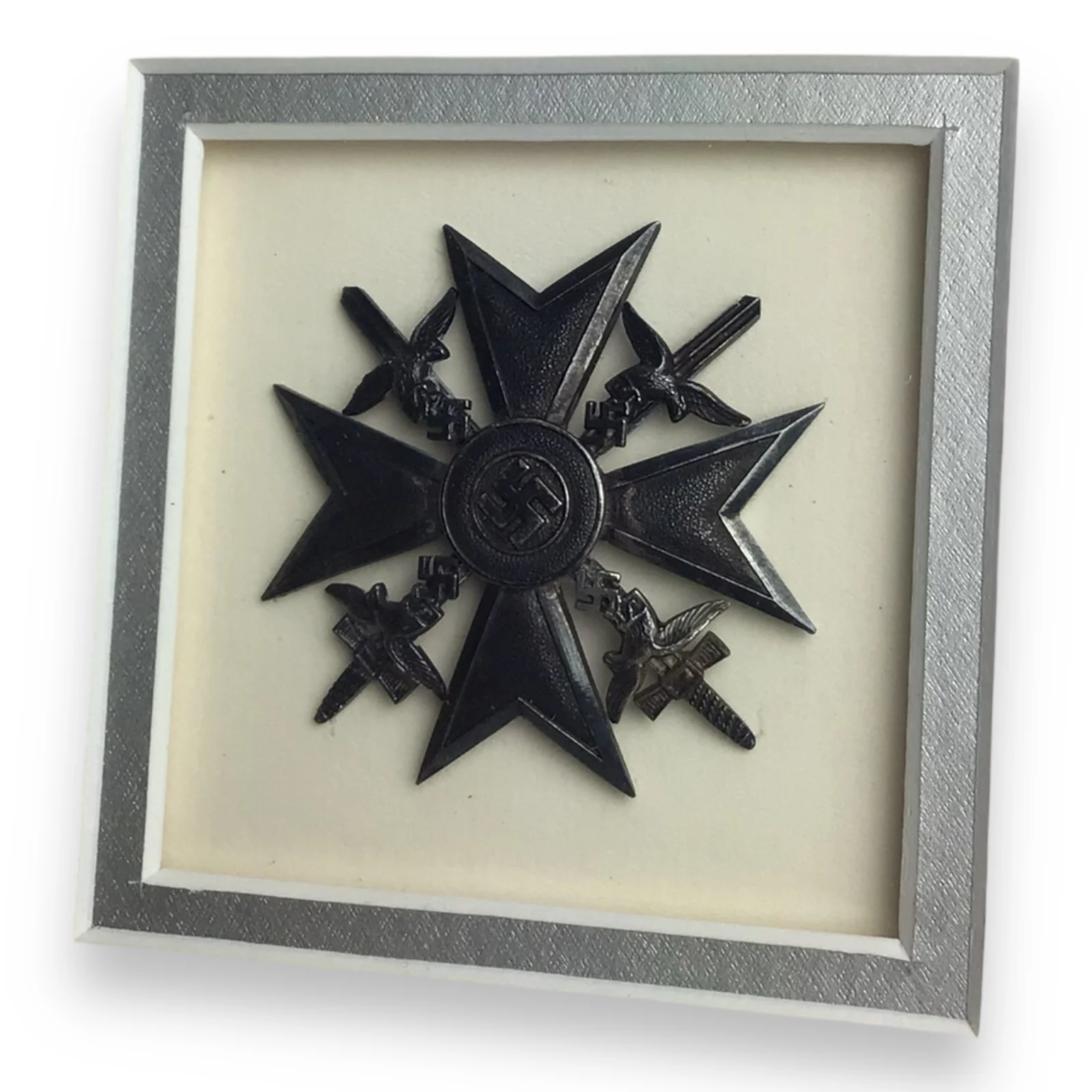 German 1939 Spanish Cross in Silver w/ Swords & Award Certificate – Framed - Image 2