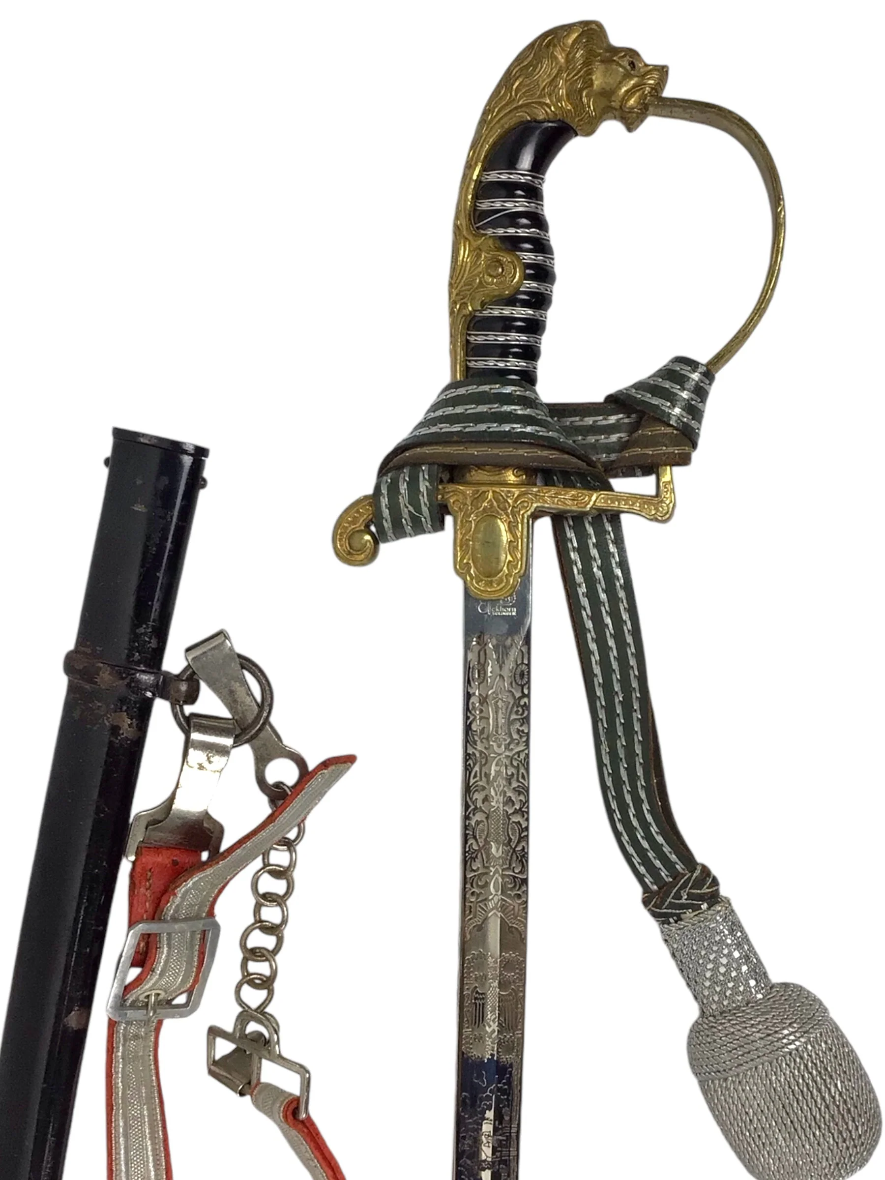 German WW2 Army Officer's Lion Head Sword with sheath and Army Portapee and Artillery Belt Hangar - Image 4
