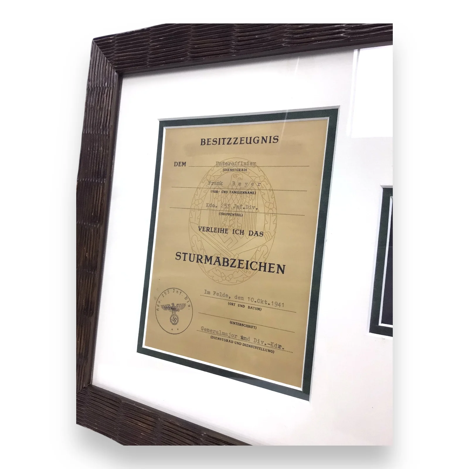 German WW2 Framed Award General Assault Badge w/ Award Document Framed - Image 2