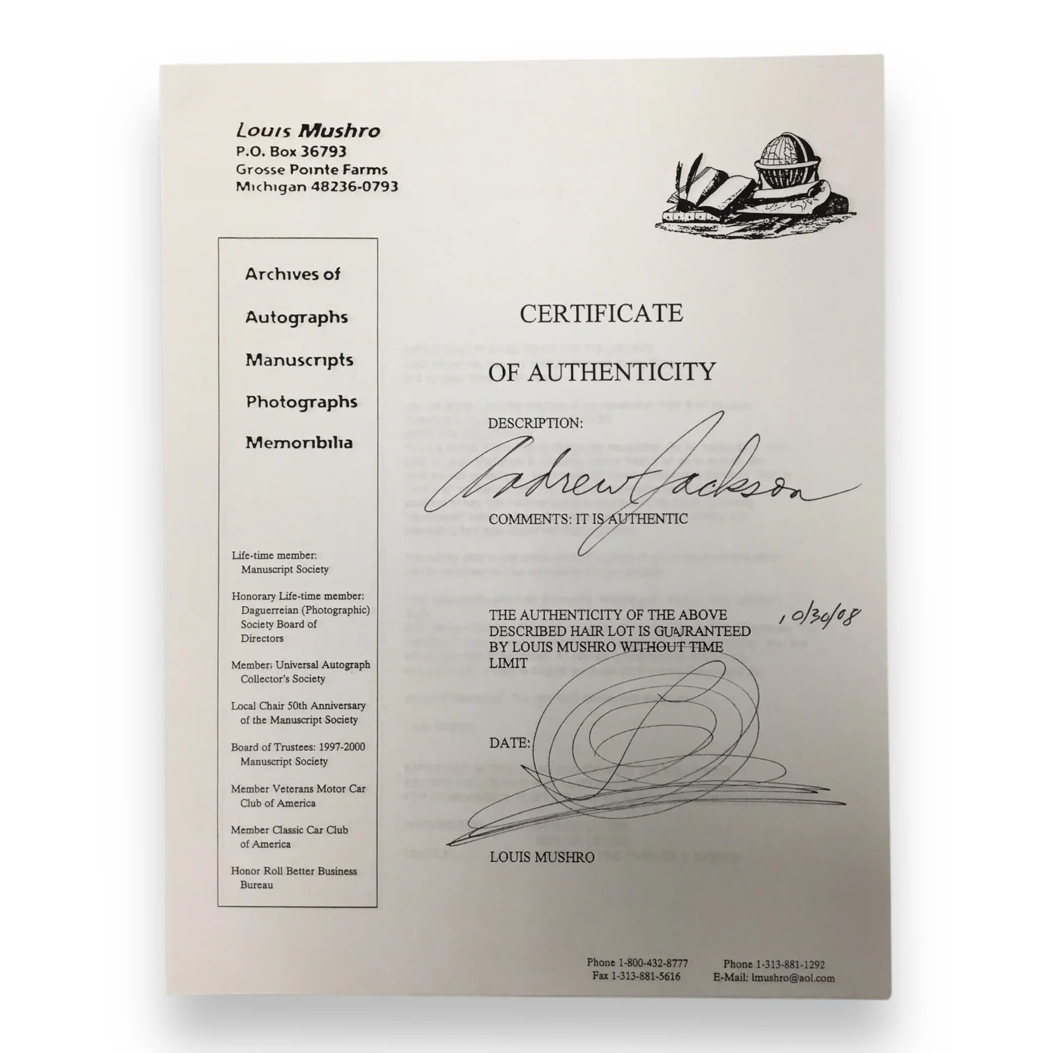 Andrew Jackson Hair Clipping with Certificate of Authenticity - Image 3
