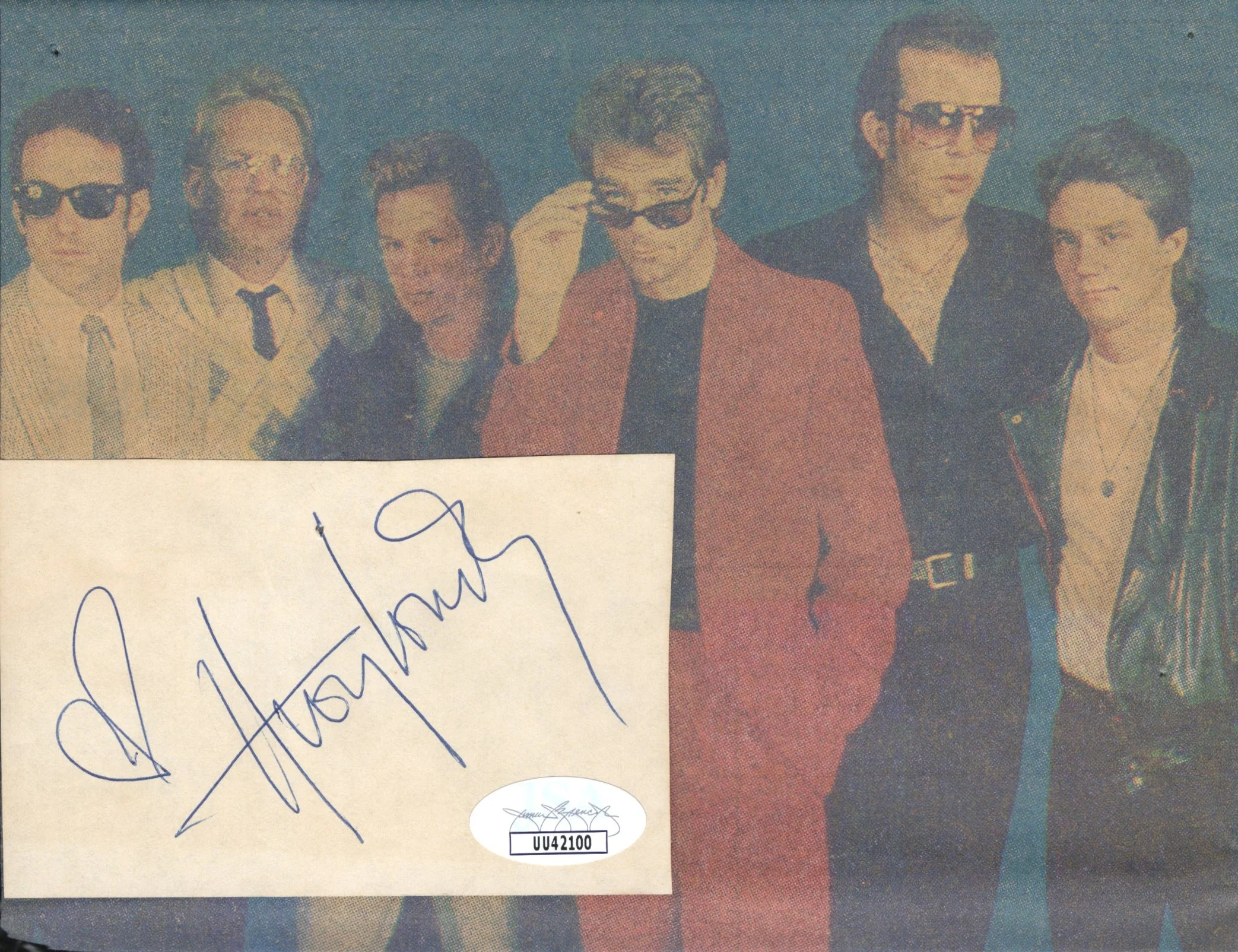 Huey Lewis Signed Index Card 2.5x3.75 on Newspaper Photo 7x5.5, Huey Lewis Autograph, JSA Certified Authentic UU42100