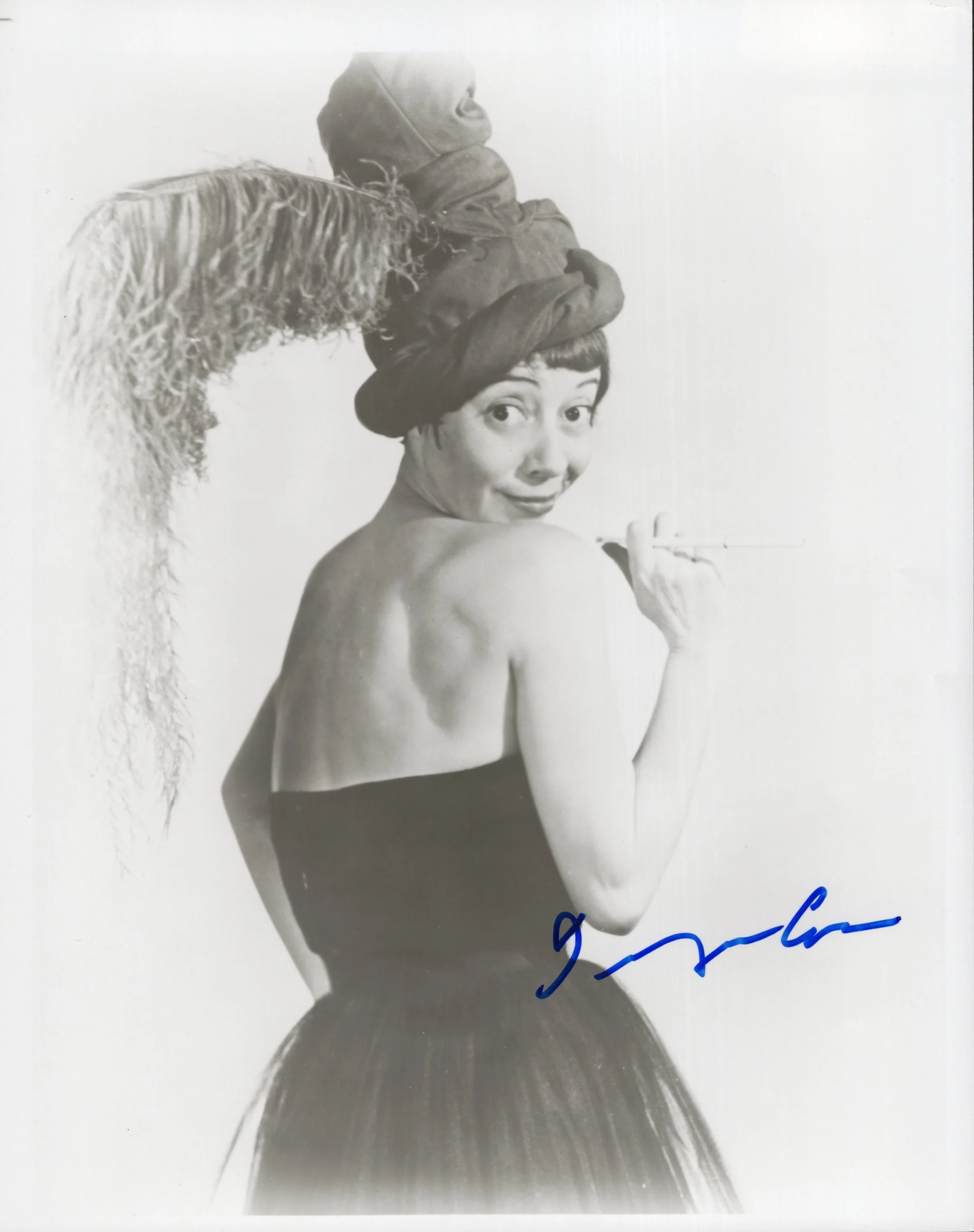 Imogene Coca Signed Photo 8x10 B&W, Imogene Coca Autograph wearing Black Dress and Feather Hat, PSA Letter Certified Authentic