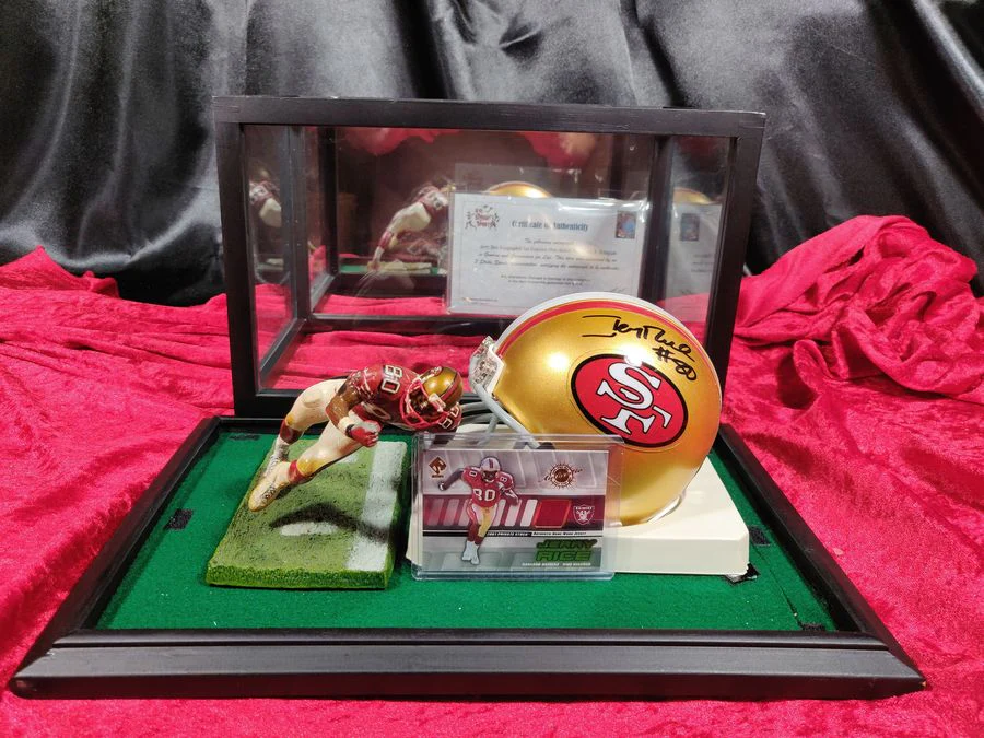 Jerry Rice 49ers Autographed Mini Helmet Shadowbox w/ Jersey Card and Figure - Image 6