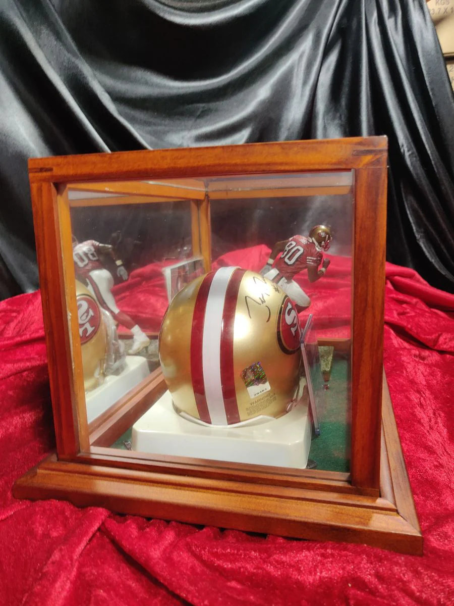 Jerry Rice Autographed Mini Helmet San Francisco 49ers Shadowbox Card & Figure - Image 5