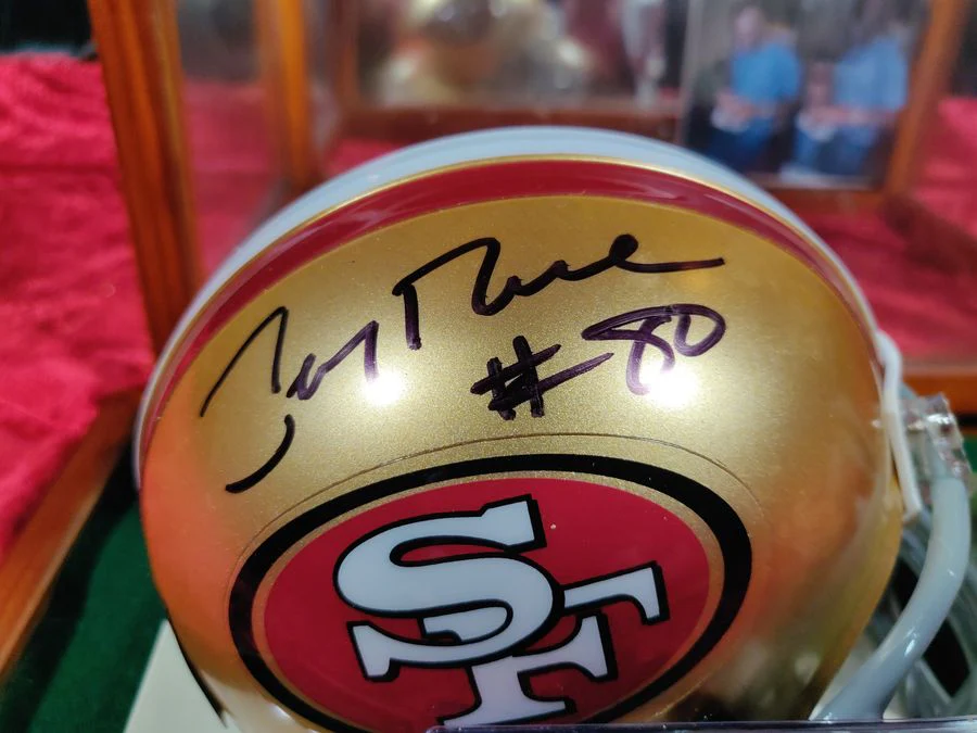 Jerry Rice Autographed Mini Helmet San Francisco 49ers Shadowbox Card & Figure - Image 8