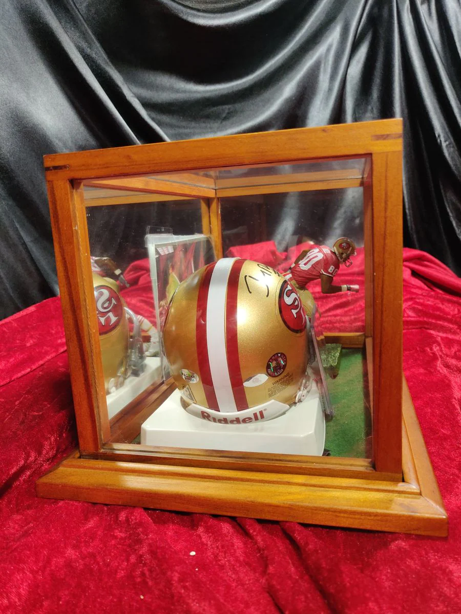 Jerry Rice San Francisco 49ers Autographed Mini Helmet Shadowbox w/ Card Figure - Image 5