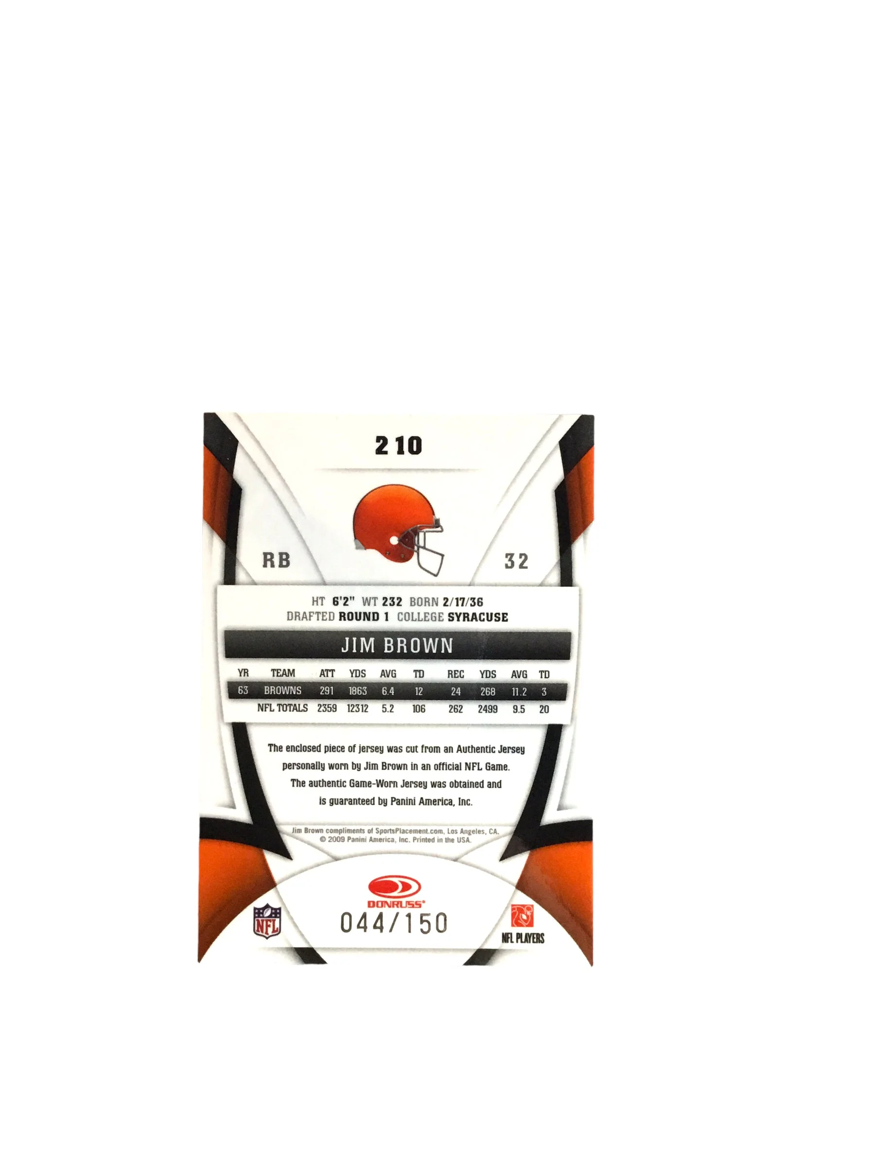 Jim Brown Certified Authentic Autographed Mini-helmet Shadowbox & Jersey card - Image 3