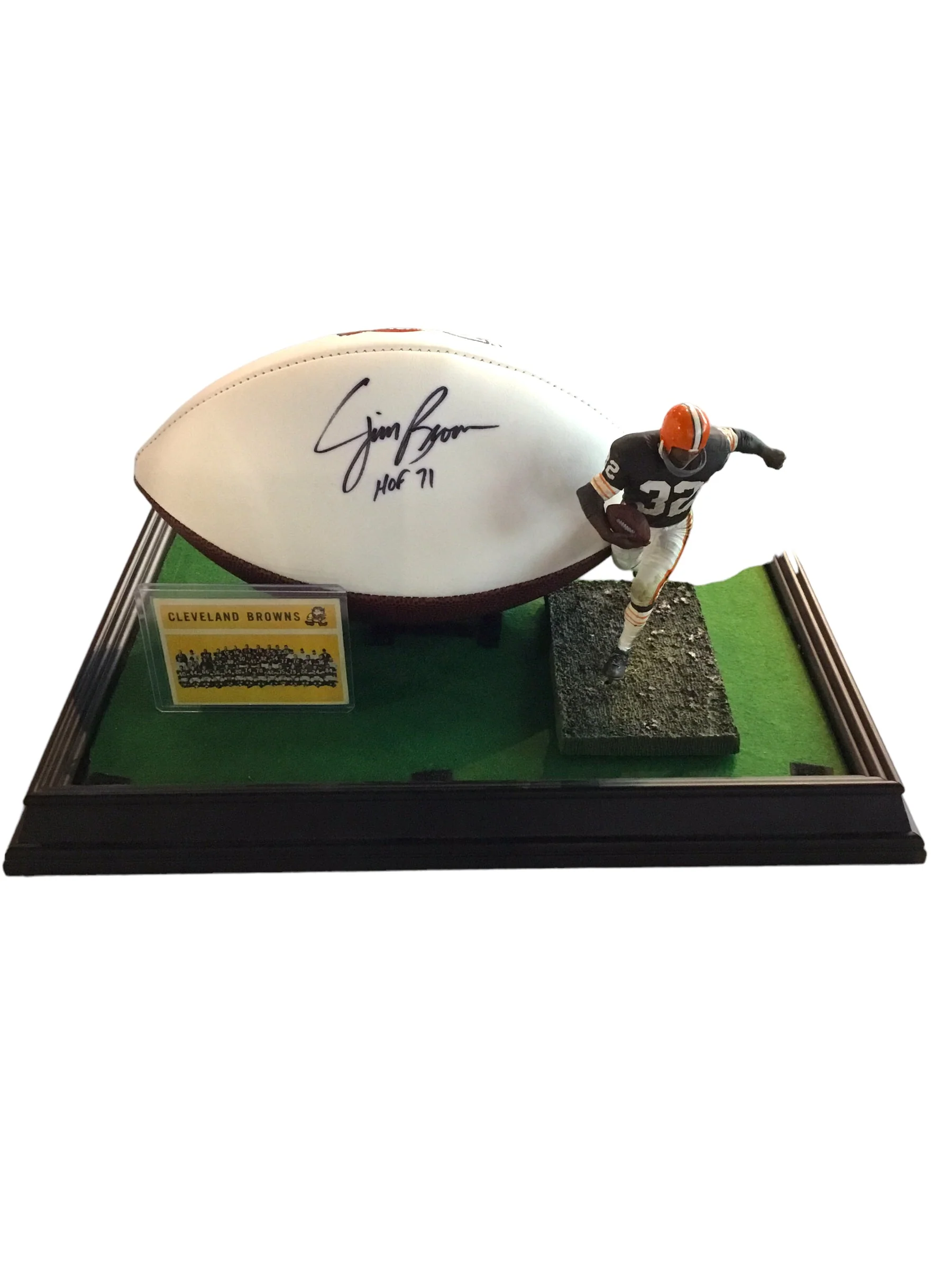 Jim Brown Cleveland Browns Autographed Football Shadowbox with Card and Figure CC#SD0009 - Image 2