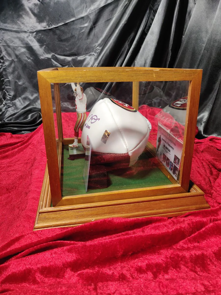 Original Joe Montana 49ers Autographed Football Shadowbox with Card and Figure - Image 10