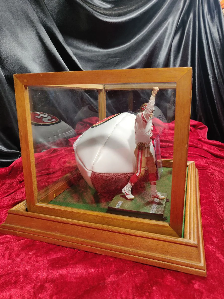 Original Joe Montana 49ers Autographed Football Shadowbox with Card and Figure - Image 11